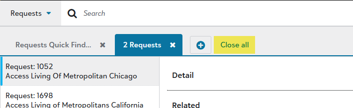 The "Close all" link is highlighted next to the "New record" button.