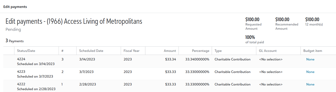 A table of three payments and their details