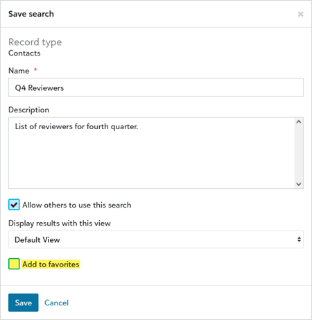 The Save search window has an Add to favorites option at the bottom.