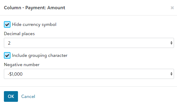 The Payment Amount window is set to hide the currency symbol, use two decimal places, include grouping characters, and have a negative number of -$1,000.