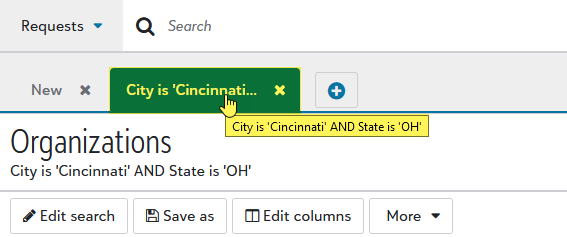 The tab label of a full search contains the search criteria.