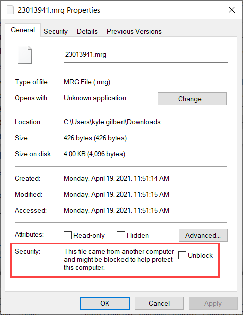 The Unbock setting is located in the Security box, alongside a warning that the file originated from another computer.