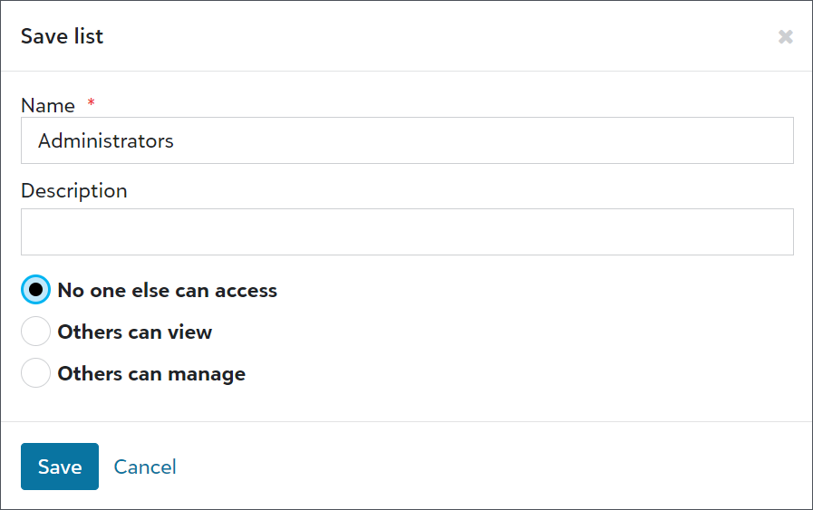 The save list dialog includes settings for Names, Descriptions, and access settings.