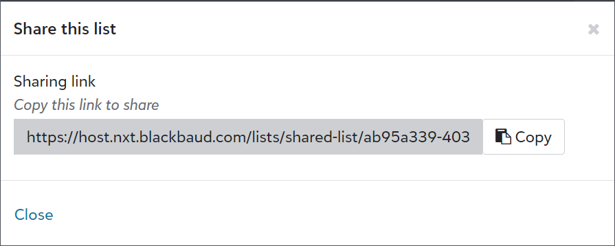The 'Share this list' dialog provides a link for easy copying