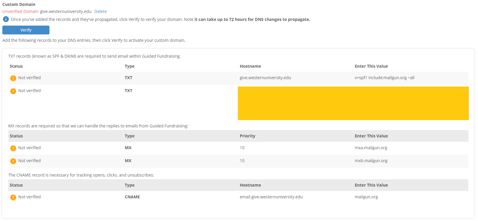 After you submit your custom domain, you will see a set of DNS records displayed on the screen. Your IT team, or someone who manages your website, will need to create the subdomain and add the DNS records provided on the screen.