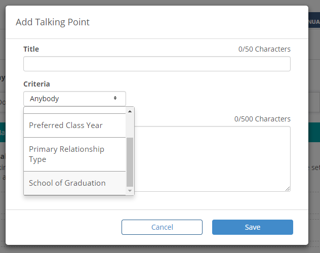 Select the criteria for the talking point.