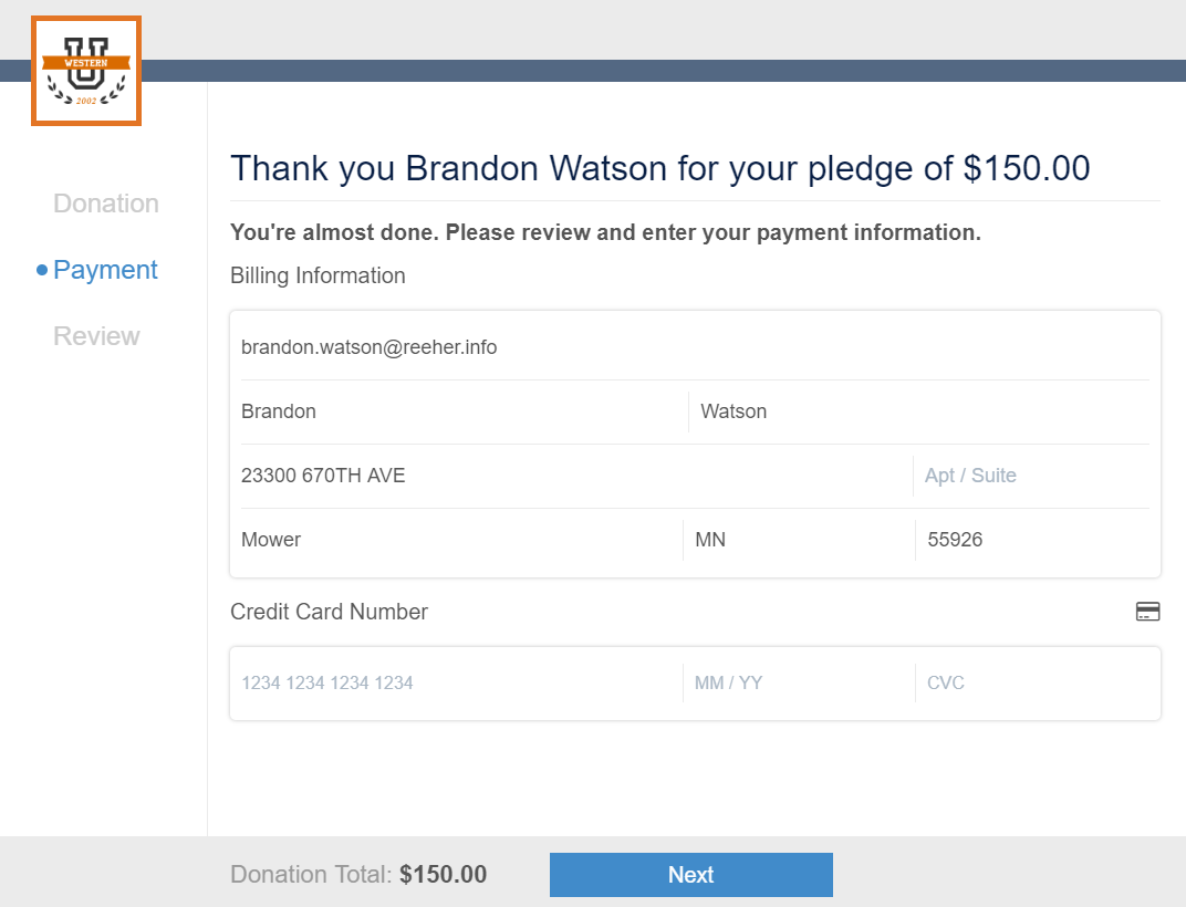 Example of a personalized donation page for prospects.